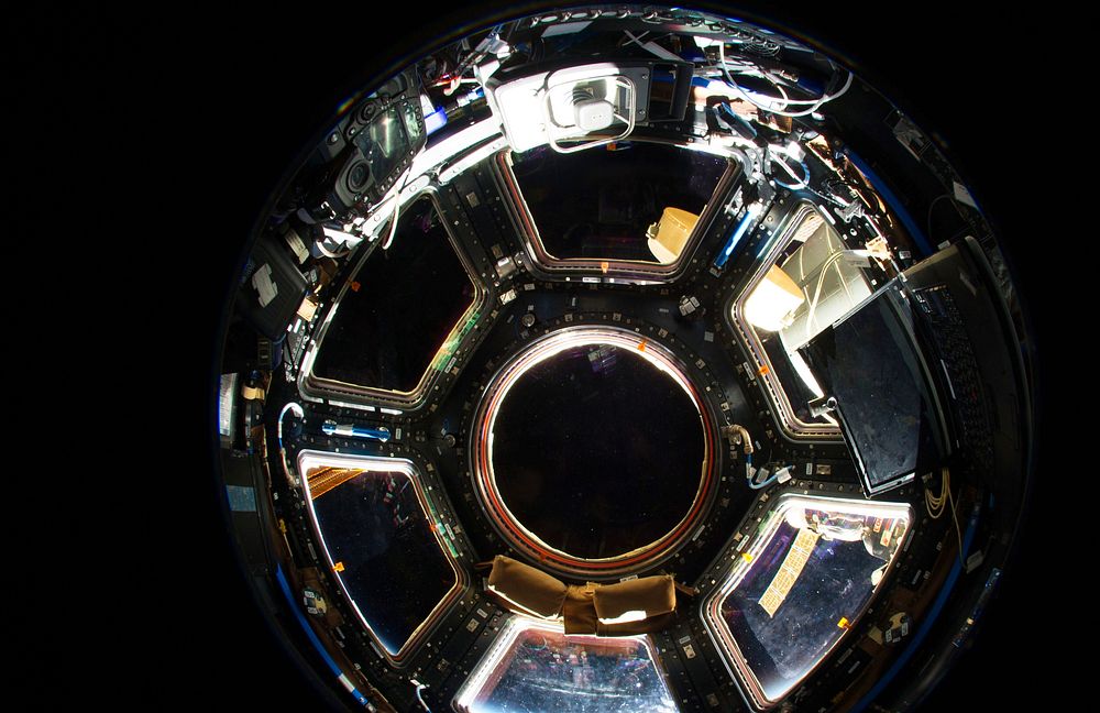 Fisheye (wide lens) view into Cupola, a fisheye lens attached to an electronic still camera was used to capture this image…