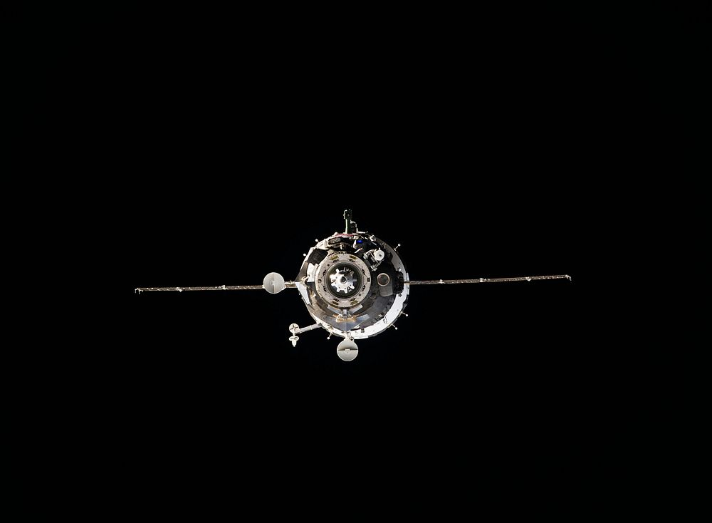 View from the International Space Station shows the Soyuz TMA-12M spacecraft shortly before docking of the two orbiting…