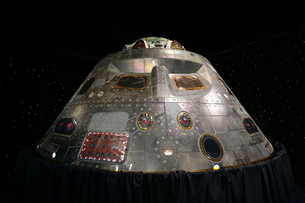 A close-up view of the Orion crew module from Exploration Flight Test 1 on display at nearby NASA Kennedy Space Center…