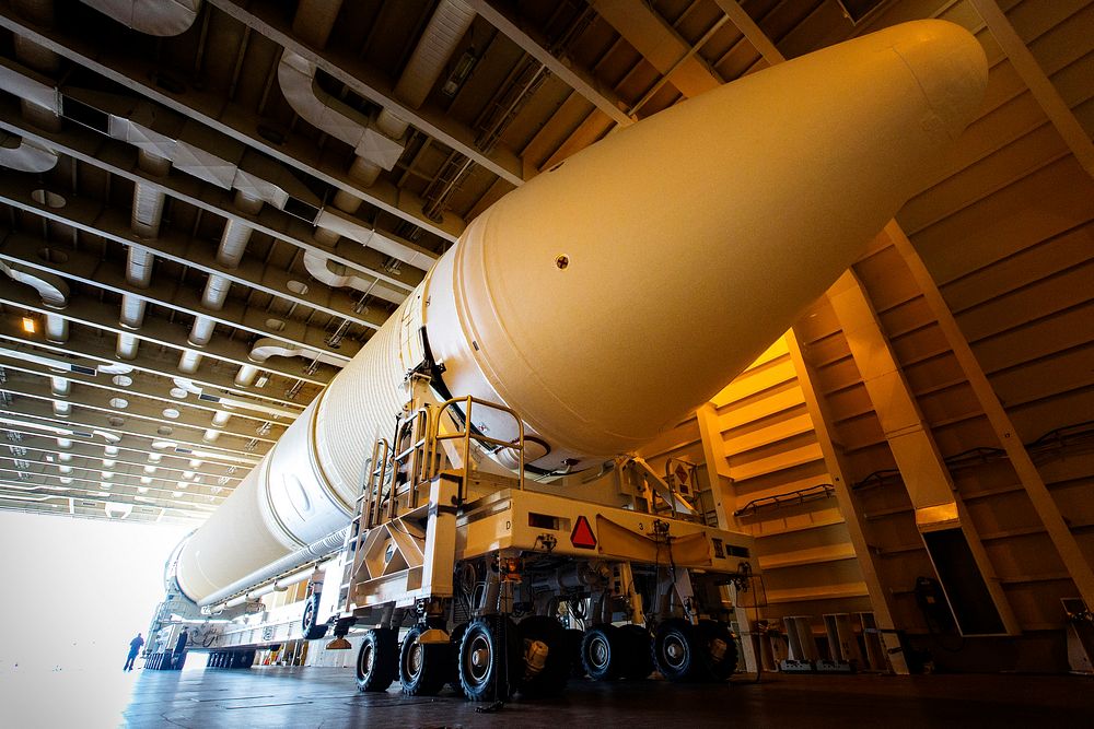 A United Launch Alliance Delta IV Heavy common booster core is about to be offloaded from the company's Mariner ship at Port…