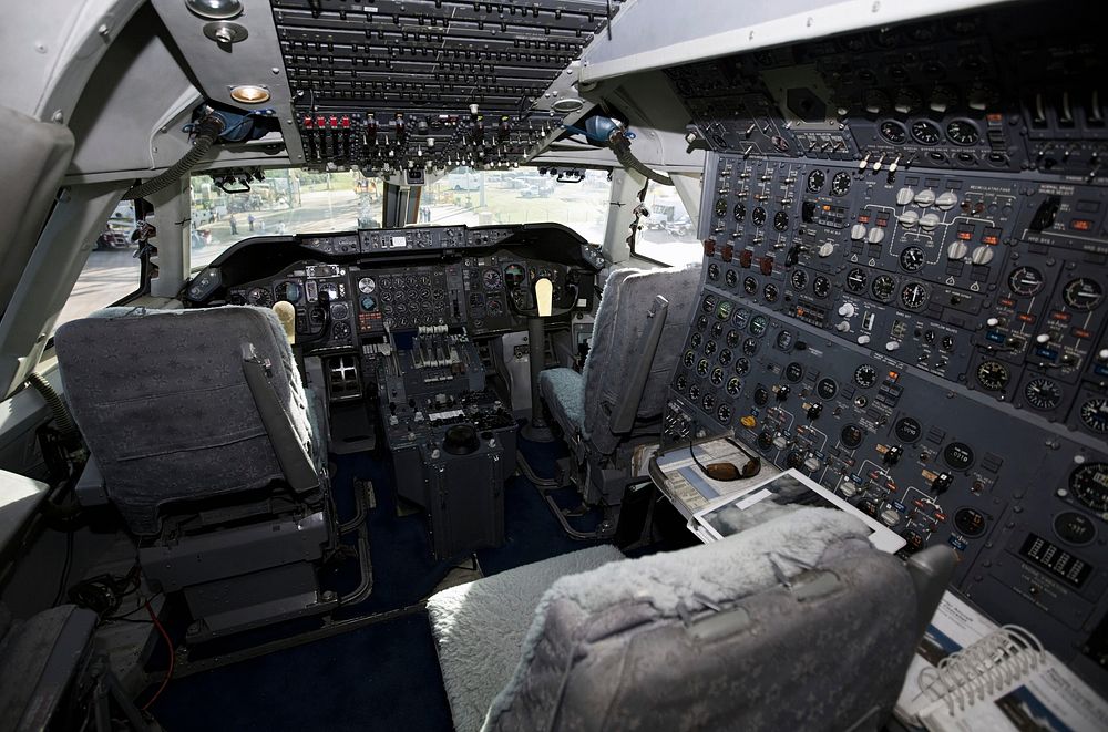 An overview of the cockpit of NASA's Shuttle Carrier Aircraft, or SCA at the Shuttle Landing Facility at NASA's Kennedy…