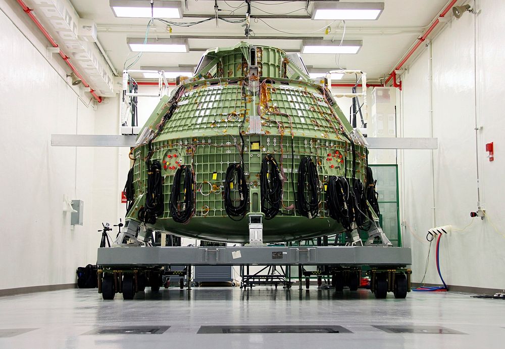 The Orion Exploration Flight Test 1 crew module is undergoing proof pressure testing at the Operations and Checkout Building…