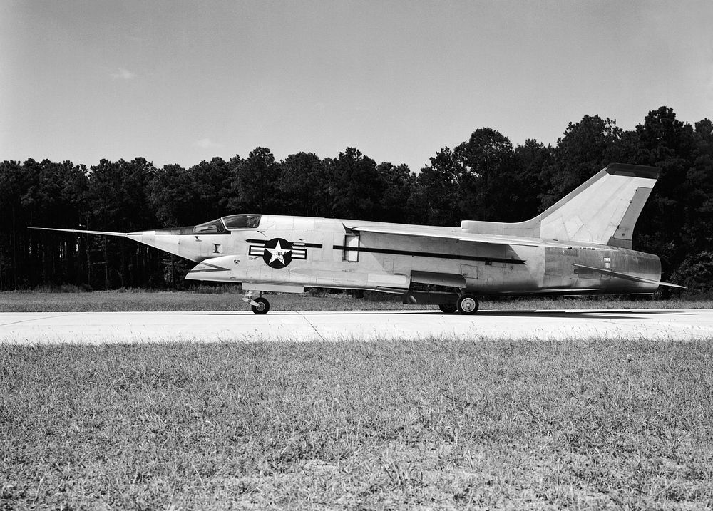 The Navy's Vought XF8U-3 Supersonic Fighter, Navy aircraft number 6340, on runway. June-August 1959. Original from NASA.…