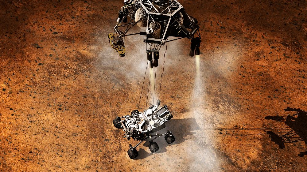 This artist's concept depicts the moment that NASA's Curiosity rover touches down onto the Martian surface. Original from…