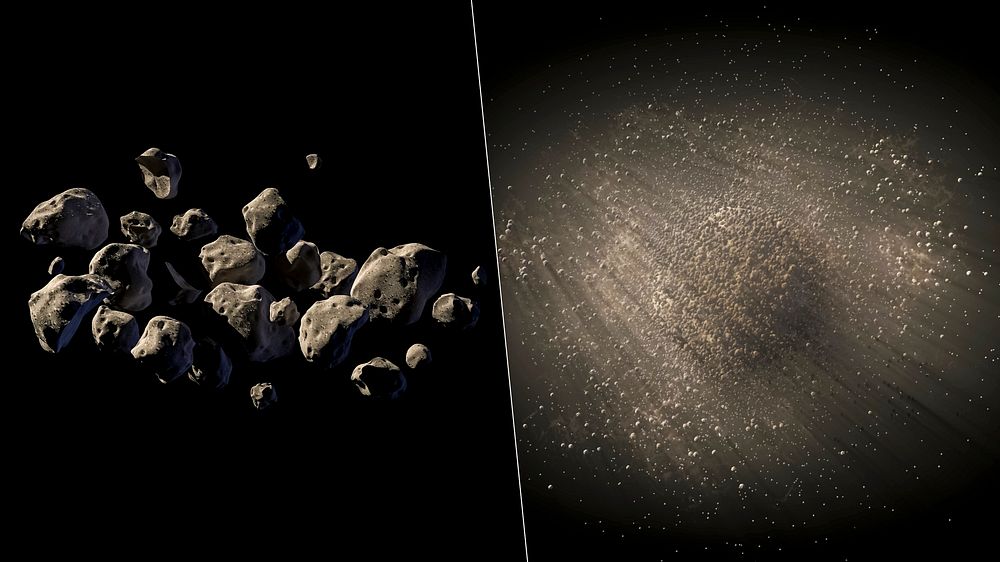 Illustrated in this artist's concept are two possible structures for asteroid 2011 MD. Original from NASA. Digitally…