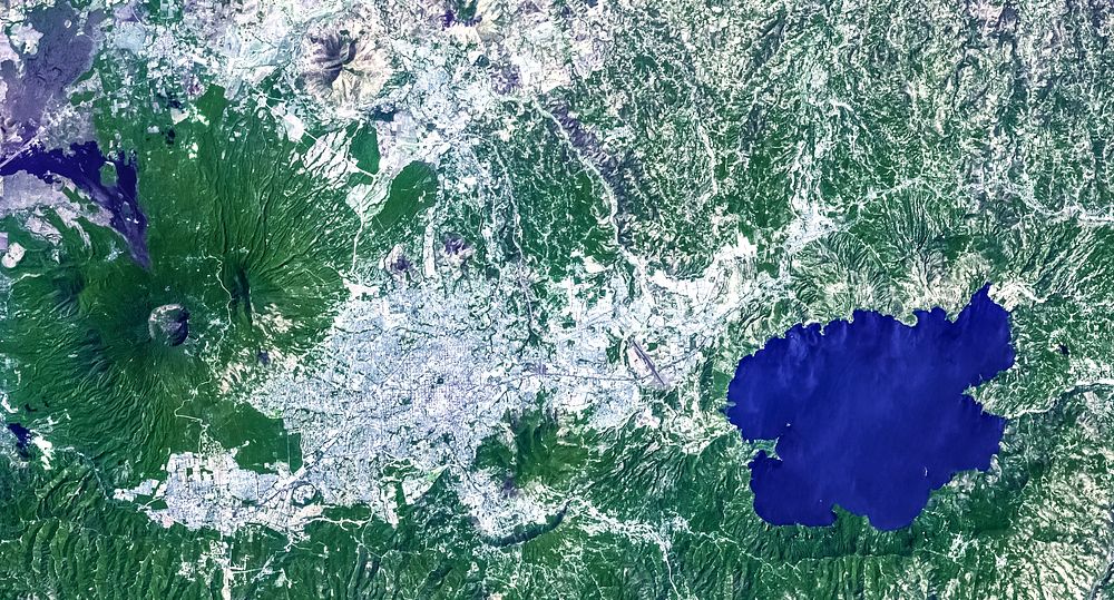 Lake Ilopango, a crater lake which fills a volcanic caldera in central El Salvador. Original from NASA. Digitally enhanced…