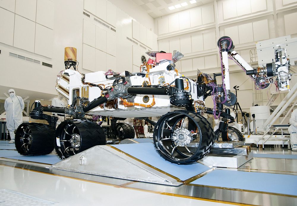 The suspension system on NASA Mars rover Curiosity easily accommodates rolling over a ramp in this Sept. 10, 2010, test…