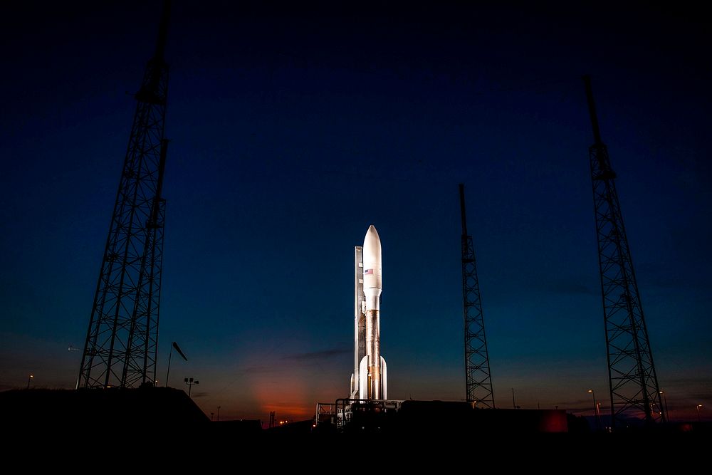 An Atlas V rocket with NASA's Juno spacecraft payload is seen the evening before it's planned launch at Space Launch Complex…