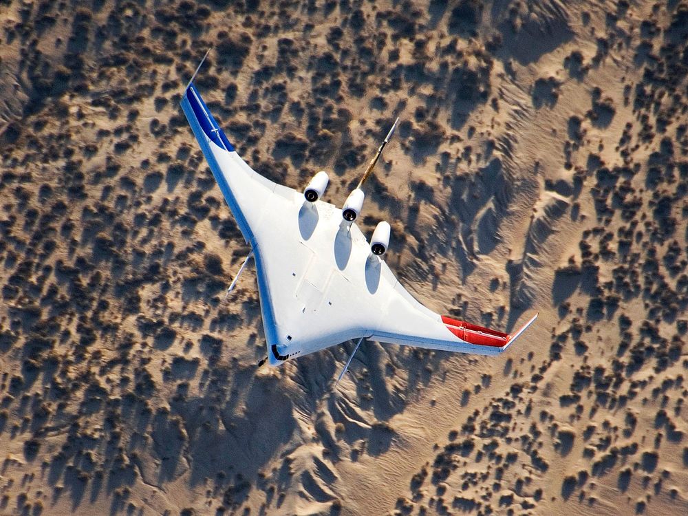 Boeing's X-48B Blended Wing Body first flight. July 20, 2007. Original from NASA. Digitally enhanced by rawpixel.