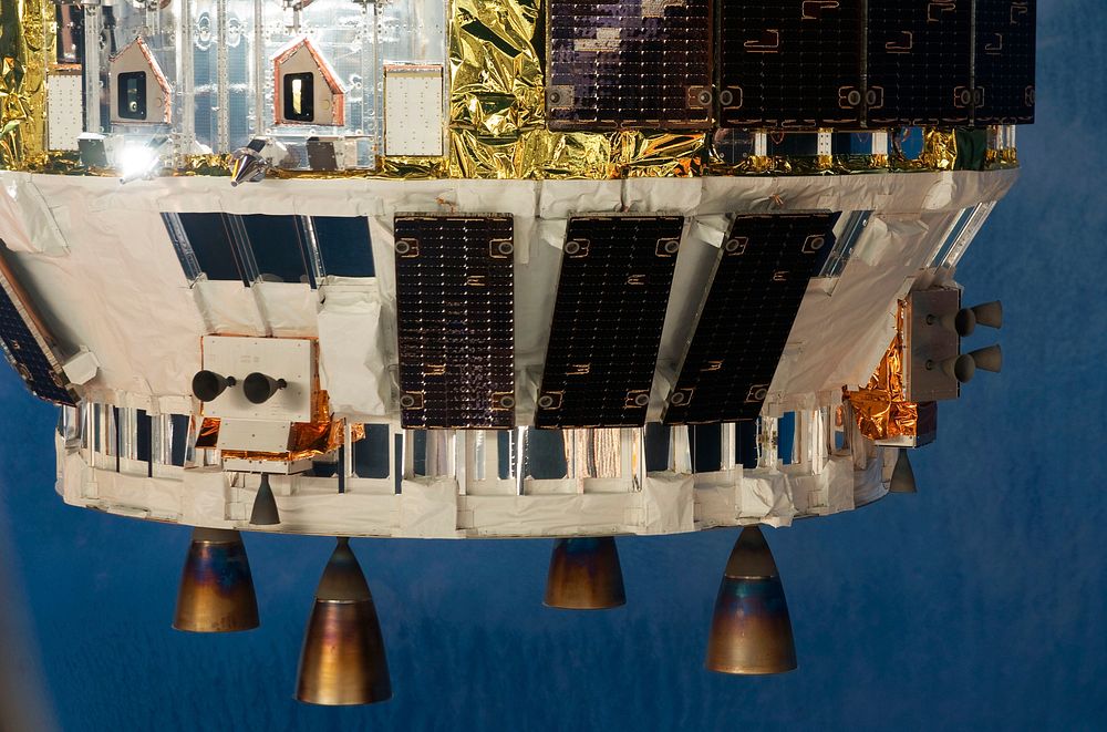 A close-up view of a portion of the unpiloted Japanese H-II Transfer Vehicle as it arrives at the International Space…