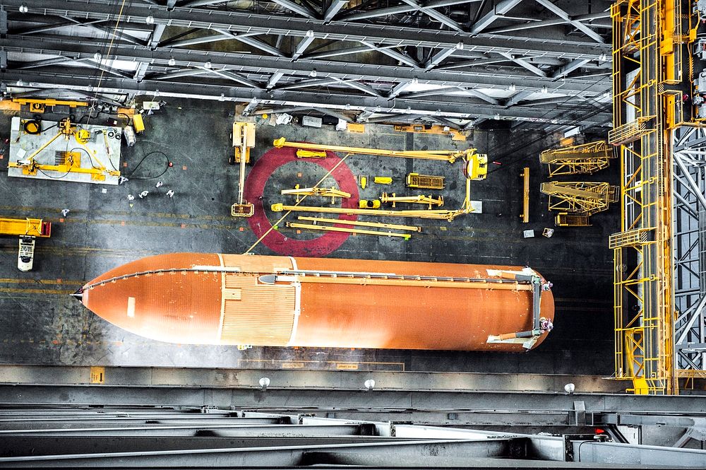 The Space Shuttle Program's last external fuel tank, ET-122, after it was delivered to the transfer aisle of the Vehicle…