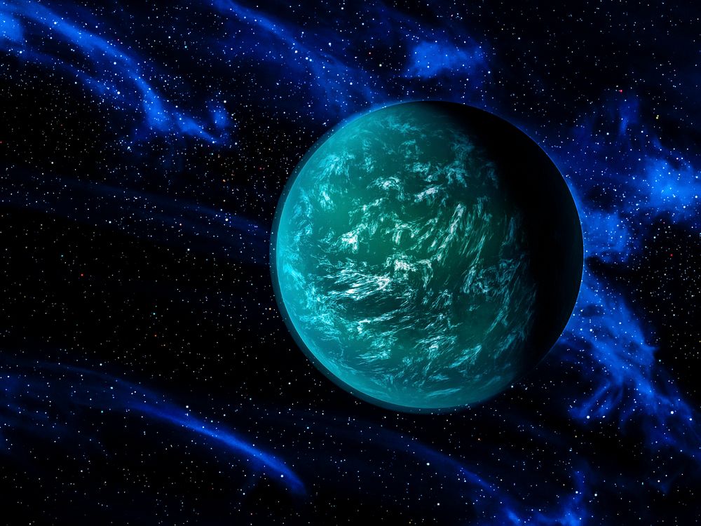 This artist conception illustrates Kepler-22b, a planet known to comfortably circle in the habitable zone of a sun-like…