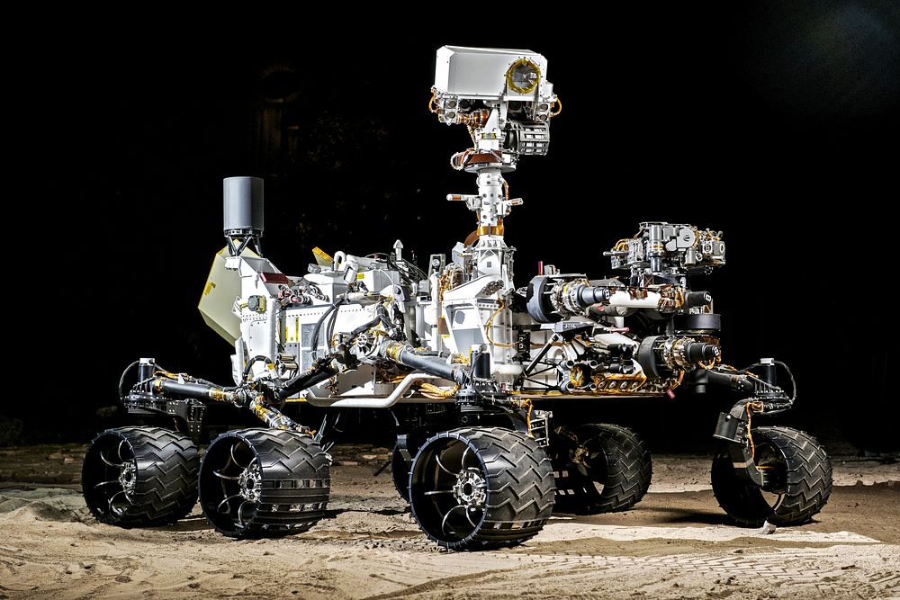 This photograph shows the Vehicle System Test Bed rover, a nearly identical copy to NASA's Curiosity rover on Mars. Original…