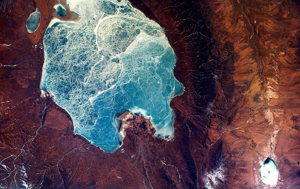 This image from NASA's EarthKAM captures almost all of Quinghai, the largest lake in China. Original from NASA. Digitally…