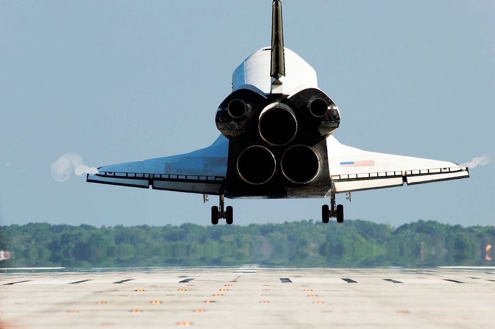 Space shuttle Atlantis nears touchdown on Runway 33 at the Shuttle Landing Facility at NASA's Kennedy Space Center in…
