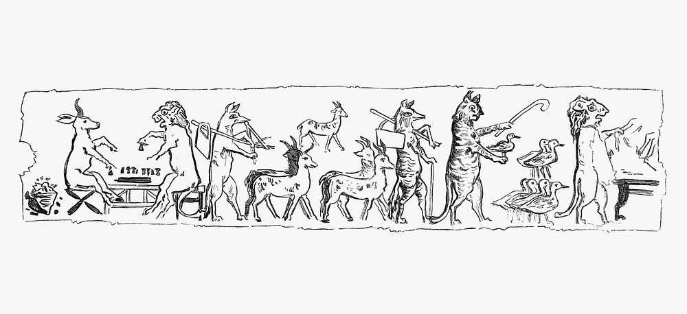 Vintage illustration of Egyptian style drawing of animals living like human