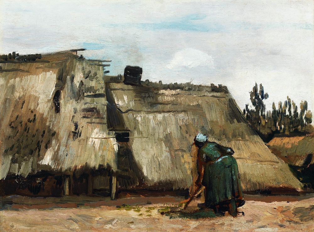 A Peasant Woman Digging in Front of Her Cottage (c.1885) by Vincent Van Gogh. Original from the Art Institute of Chicago.…