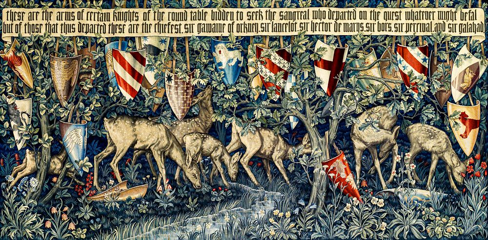 Quest for the Holy Grail Tapestries: Verdure with Deer and Shields (1900) by William Morris, Sir Edward Burne&ndash;Jones…