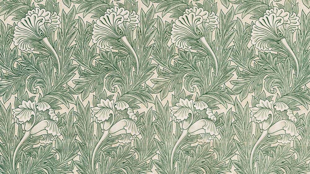 Green tulips patterned desktop wallpaper, remix from artwork by William Morris