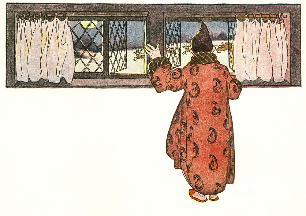Man Looking out the Window to See Christmas Reindeer Carriage by Jessie Wilcox Smith (1863-1935). Original from The New York…