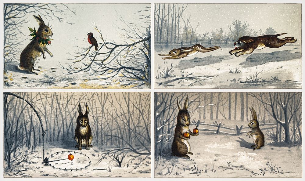Christmas Card Depicting Winter Landscapes with Dogs, Rabbits, and Birds (1865&ndash;1899) by L. Prang & Co. Original from…