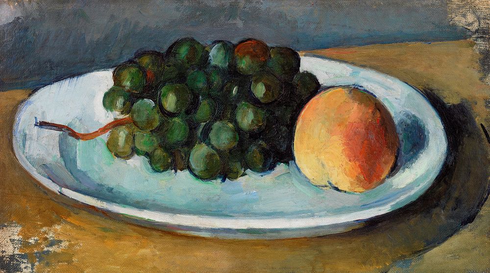 Grapes and Peach on a Plate (Grappe de raisin et p&ecirc;che sur une assiette) (ca. 1877&ndash;1879) by Paul C&eacute;zanne.…