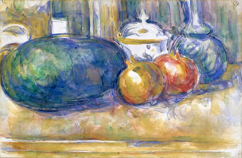 Still-Life with a Watermelon and Pomegranates (ca. 1900&ndash;1906) by Paul C&eacute;zanne. Original from The MET Museum.…