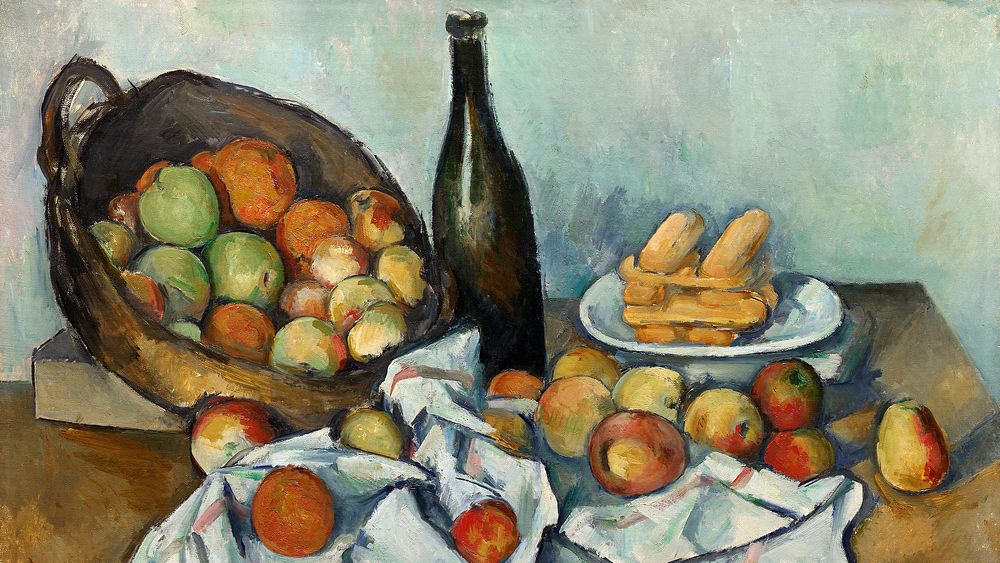 C&eacute;zanne impressionist desktop wallpaper, still life background, The Basket of Apples