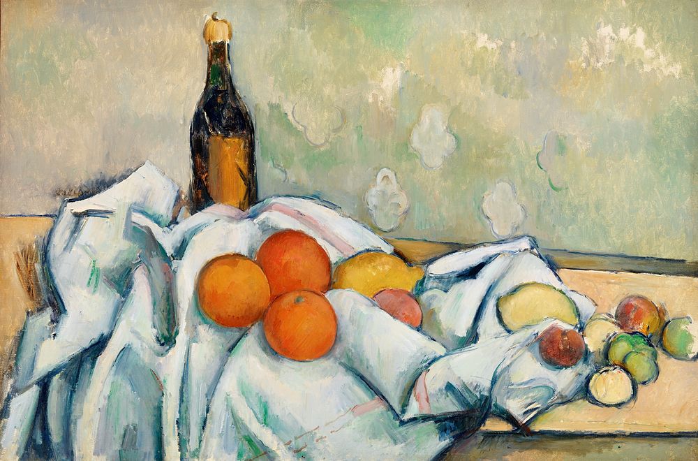 Bottle and Fruits (Bouteille et fruits) (ca. 1890) by Paul C&eacute;zanne. Original from Original from Barnes Foundation.…