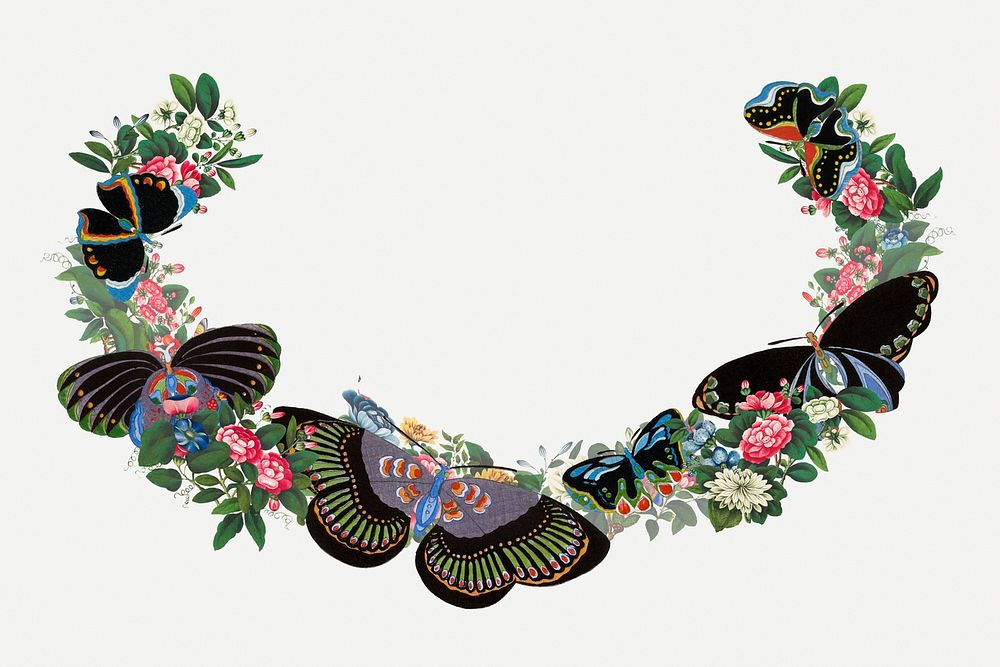 Vintage butterfly wreath, Japanese style illustration psd