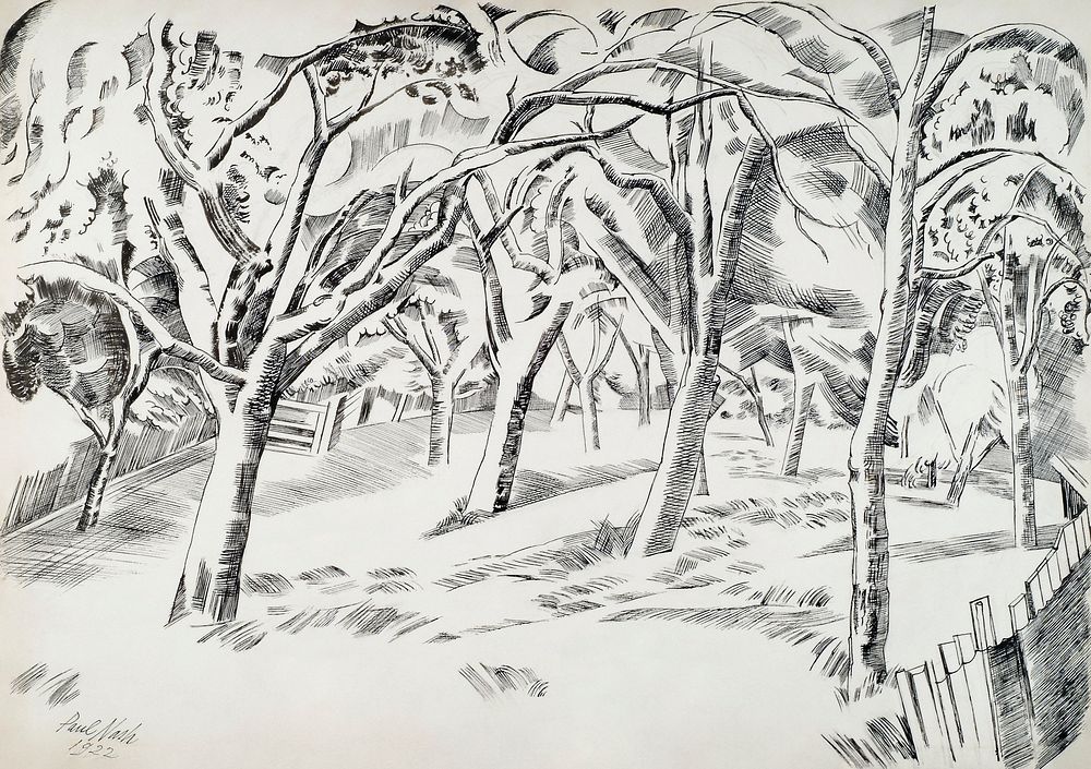 The Orchard (1922) drawing in high resolution by Paul Nash. Original from The Birmingham Museum. Digitally enhanced by…