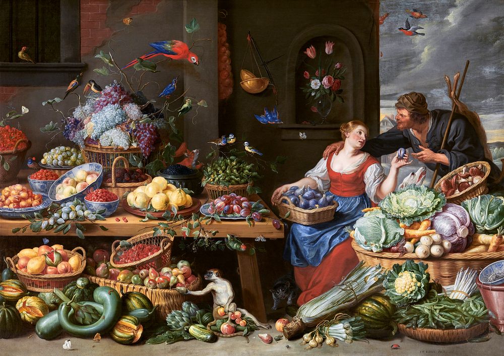 Fruit and Vegetable Market with a Young Fruit Seller (1650&ndash;1660) painting in high resolution by Jan van Kessel.…