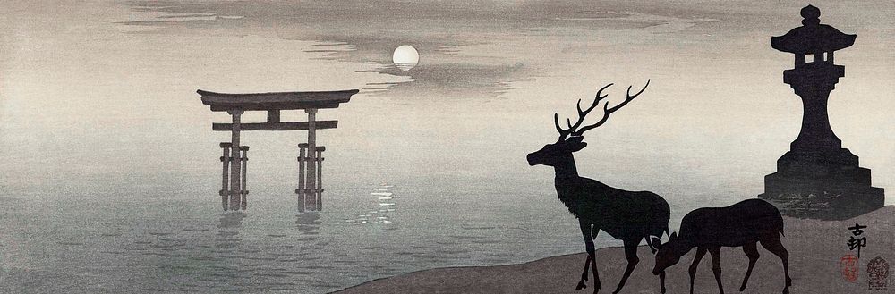 Landscape with Torii and deer (1900&ndash;1910) by Ohara Koson. Original from The Rijksmuseum. Digitally enhanced by…