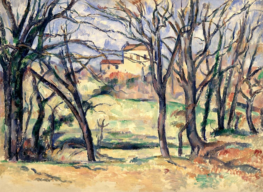 Paul C&eacute;zanne's Trees and Houses Near the Jas de Bouffan (1885&ndash;1886) landscape painting. Original from The MET…