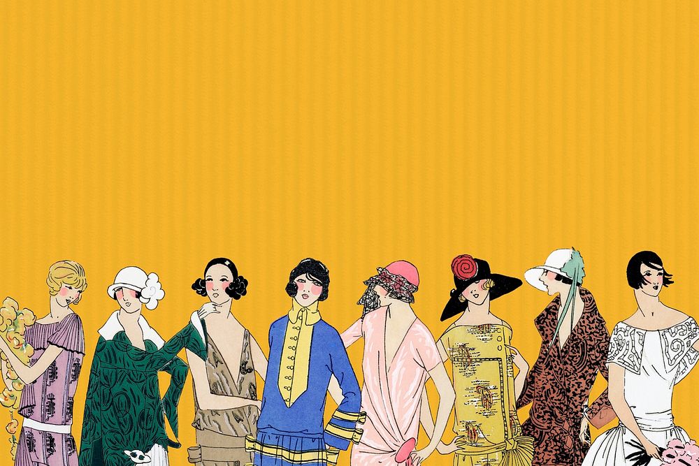 Yellow background psd featuring vintage women fashion from 1920s, remixed from vintage illustration published in Tr&egrave;s…