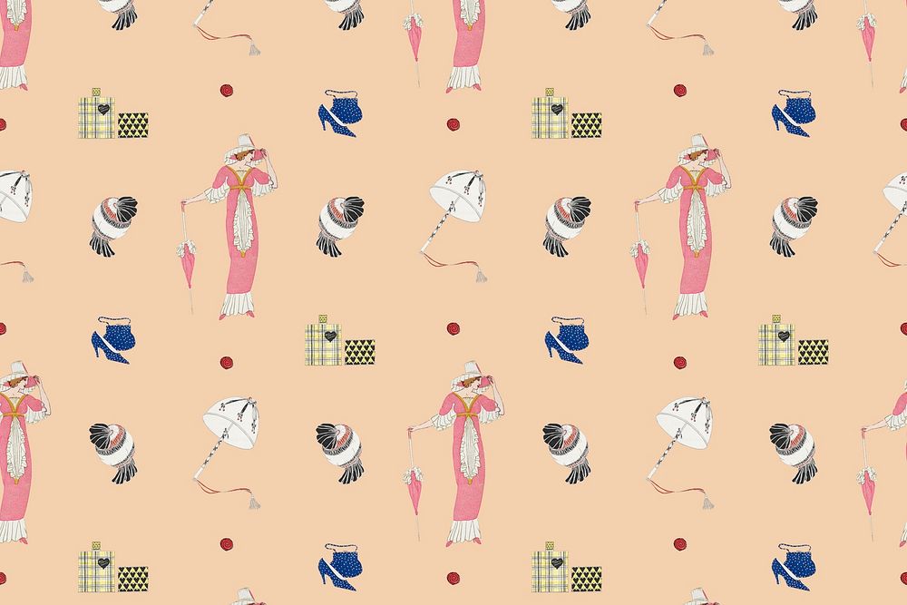 Pattern background psd featuring vintage flapper and beauty items, remixed from public domain artworks