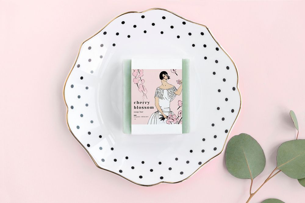 Pastel beauty box mockup psd with woman and cherry blossom, remixed from vintage illustrations published in Tr&egrave;s…