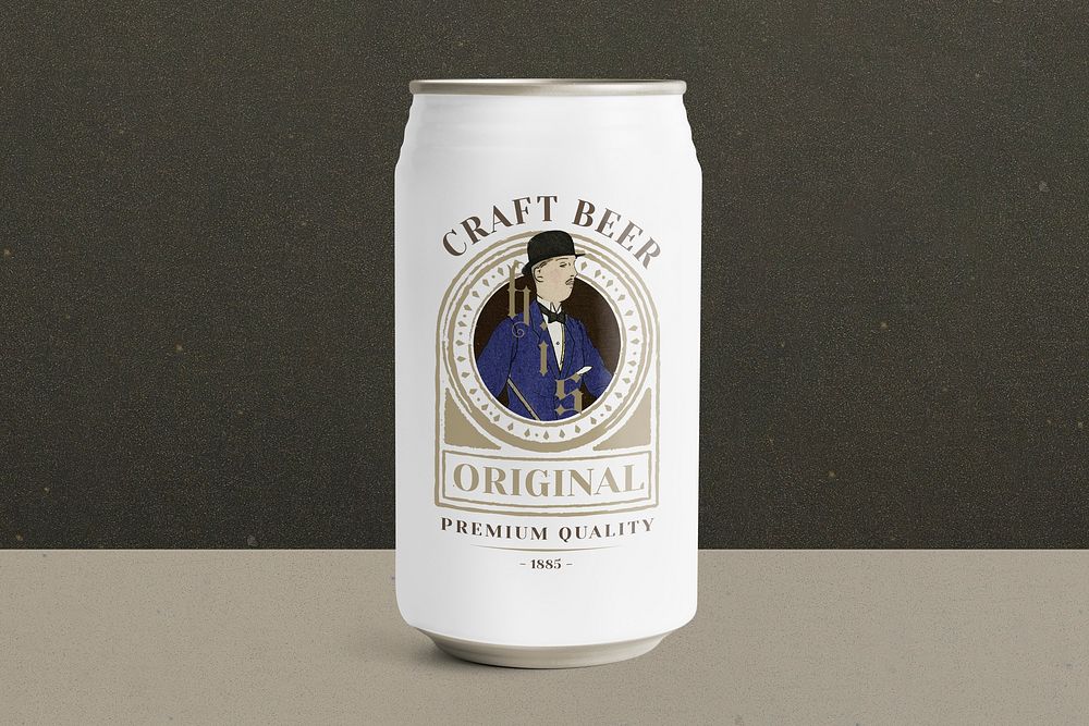 Can mockup psd of craft beer with old man illustration remix from the artworks by Bernard Boutet de Monvel