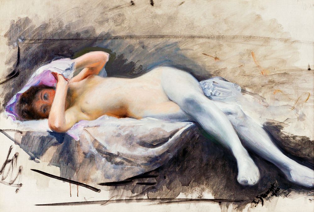 Naked woman posing sensually, vintage erotic art. Reclining Nude (1909) by Julius LeBlanc Stewart. Original from The…