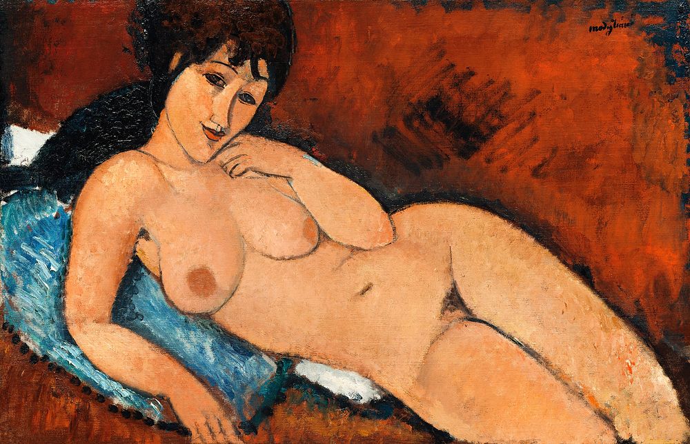 Amedeo Modigliani's Nude on a Blue Cushion (1917), naked woman exposing her breasts, vintage erotic art. Original from The…