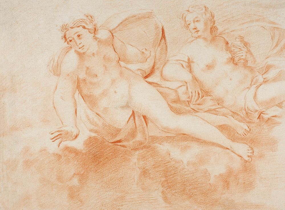 Two Cloud-Borne Nude Female Figures (recto); Fragment of Reclining Figure (verso) (1648-1719) by Carlo Cignani. Original…