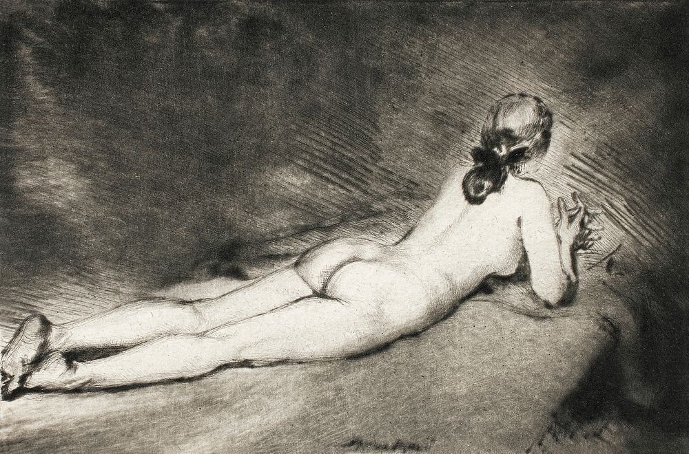 Naked woman posing sensually, vintage erotic art. Nude Figure Lying Down (1906) by Theodore Roussel. Original from The Art…