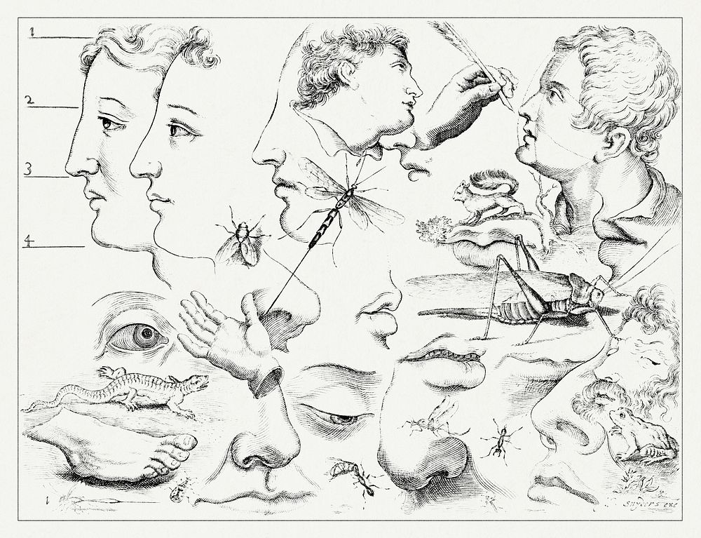 Vintage sketch human face and animals on off white background
