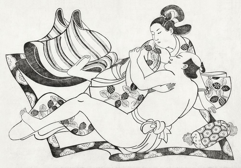 Japanese couple in a sexual act, vintage illustration. Liefdespaar op kleed (1690) by Sugimura Jihei. Original from The…