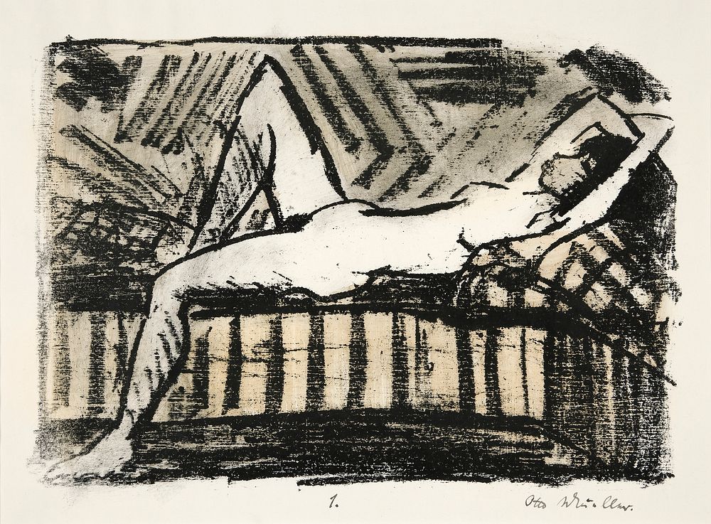 Naked woman posing sensually, vintage erotic art. Nude Reclining by Otto Mueller. Original from The Yale University Art…