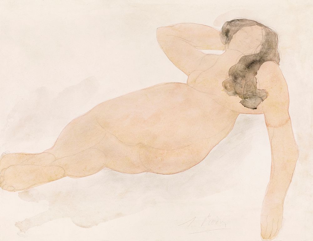 Naked woman posing sensually, vintage erotic art. Study of a Nude (lying on side) by Auguste Rodin. Original from The Yale…