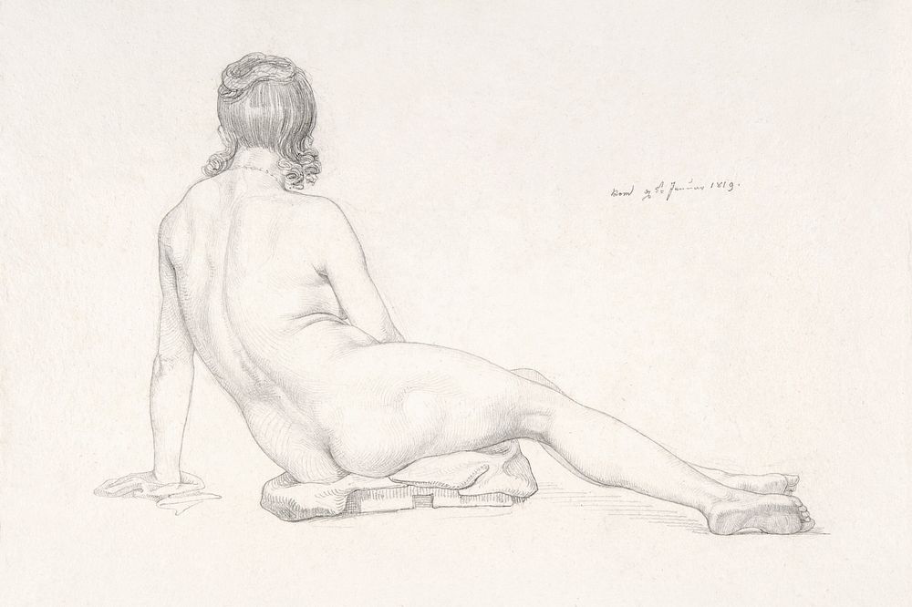 Naked woman showing her bottom.  Seated Female Nude Seen from the Back (1819) by Samuel Amsler. Original from The MET…