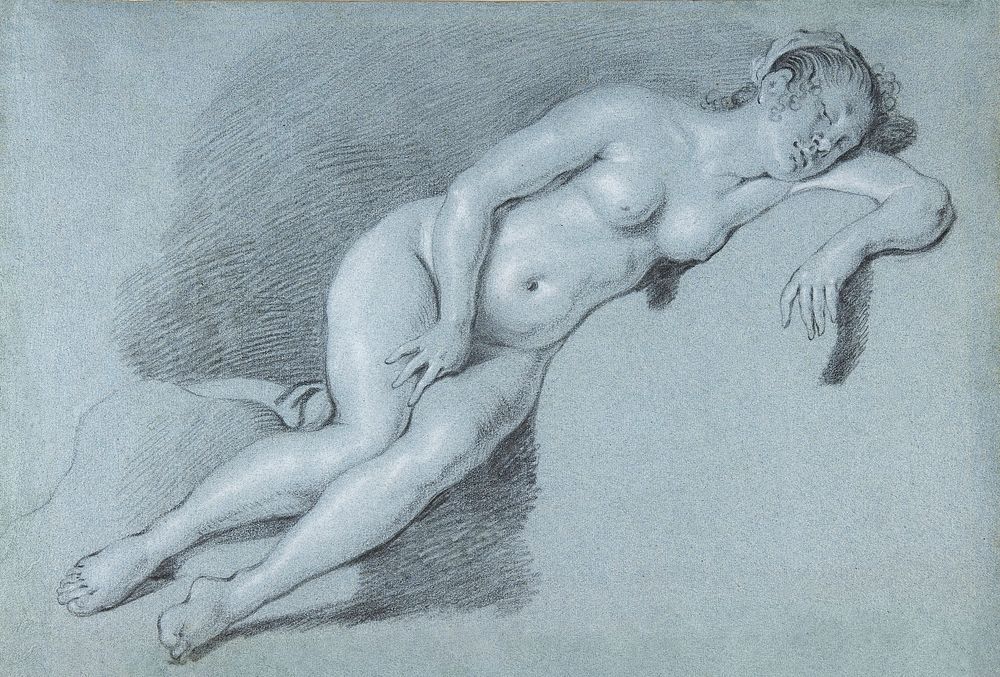 Naked woman posing sexually, vintage nude illustration.  Reclining Female Nude by Govert Flinck. Original from The MET…
