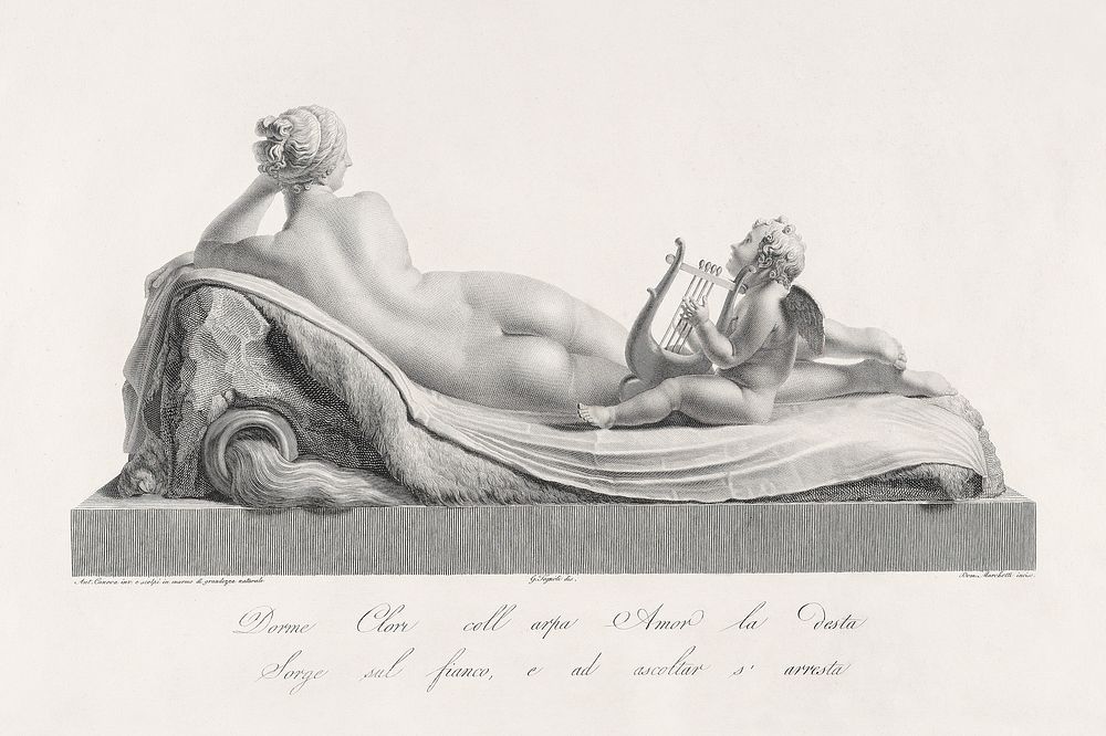 Back view of Venus reclining accompanied by Cupid with a harp. from "Oeuvre de Canova: Recueil de Statues ..."(1817) by…
