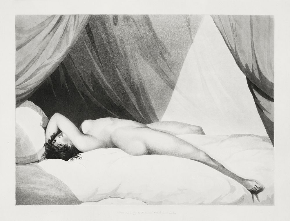 Naked woman posing sexually, vintage nude illustration.  Nude Reclining on Curtained Bed (1797) by William Holland. Original…